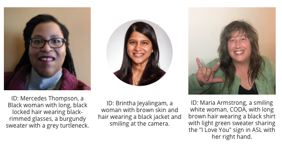 photos of panelists, Mercedes Thompson, Brintha Jeyalingam, and Maria Armstrong