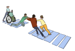 an animated picture of a group of people building a bridge to help a person who uses a wheelchair cross